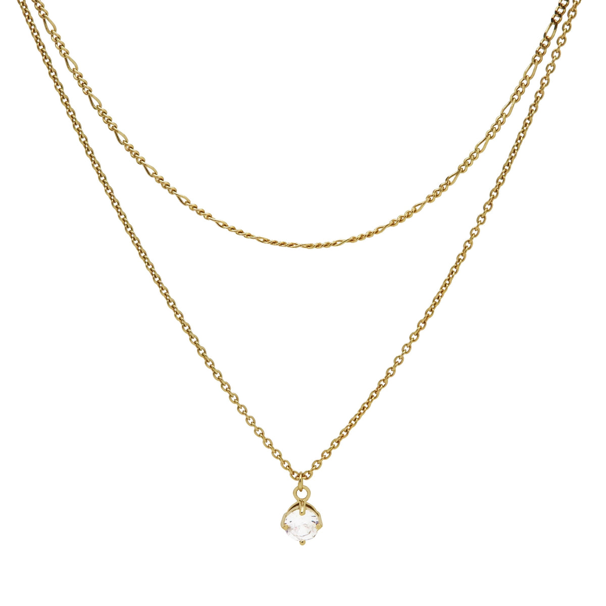 Karma 925 Sterling Silver Figaro Single Zirconia Double Necklace T279GP