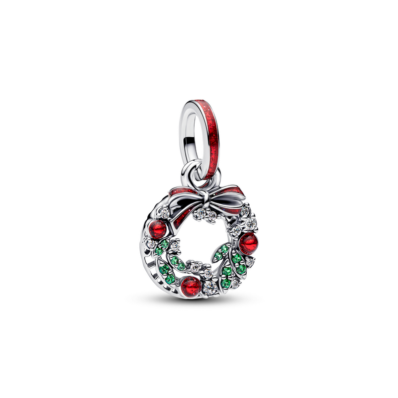 Pandora Moments 925 Sterling Silver Holiday Wreath Double Dangle Charm 794238C01-zoom-