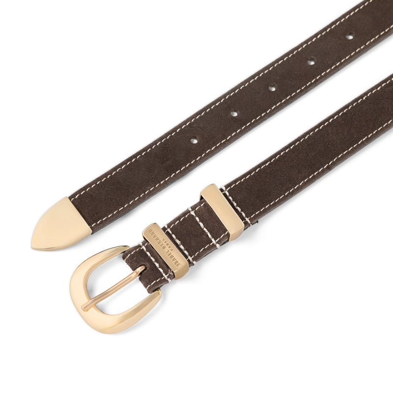Isabel Bernard Rêveur Mathilde donkerbruine suede riem met goud-kleurige gesp IB60020-131-85-zoom-