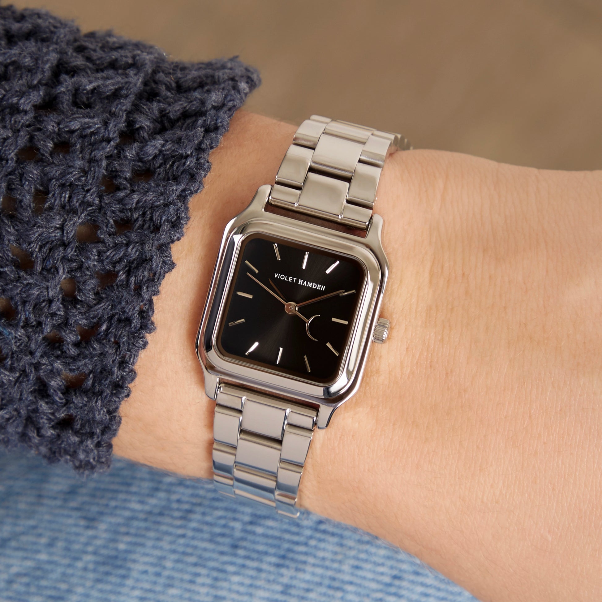 Violet Hamden Dawn Base Square Women's Watch Silver Coloured and Black VH09042