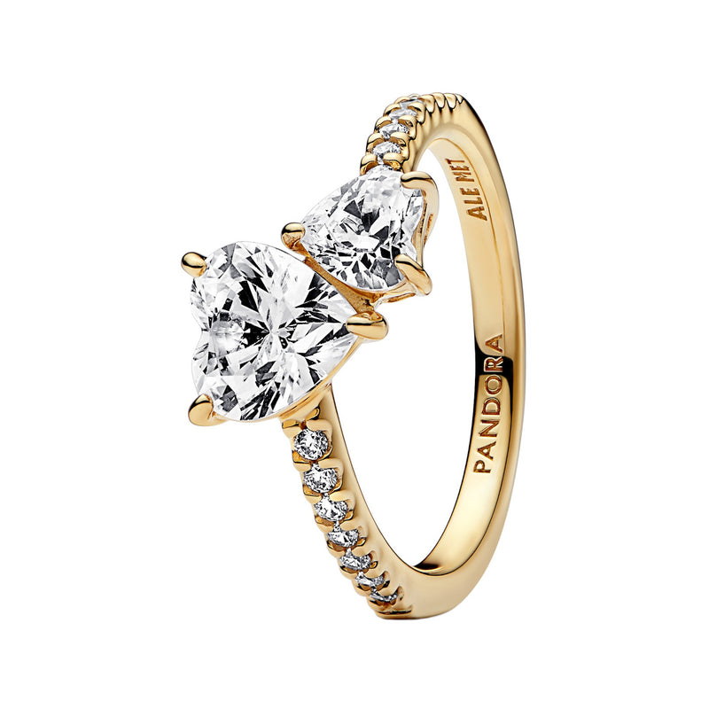 Pandora Timeless Double Heart Sparkling Ring 161198C01-58 with 14K Gold Plating-zoom-
